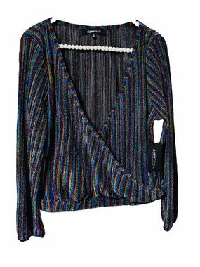 Sweet Rain Ladies  Top rainbow Shimmery Glittery Long Sleeve With Deep V Neck Xl